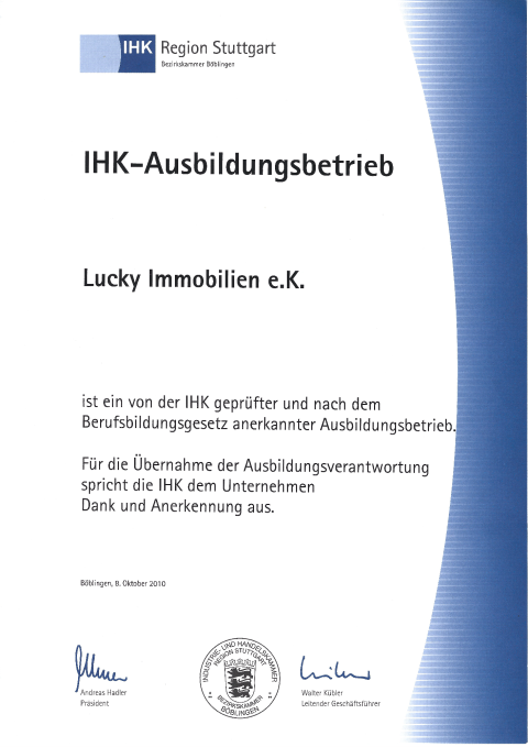 IHK Urkunde Ausbildungsbetrieb, Lucky Immobilien e.K.