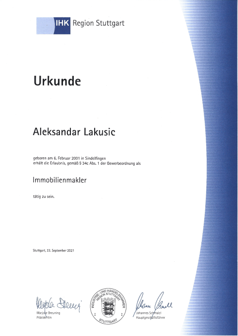 IHK Urkunde §34c GeWO, Aleksandar Lakusic